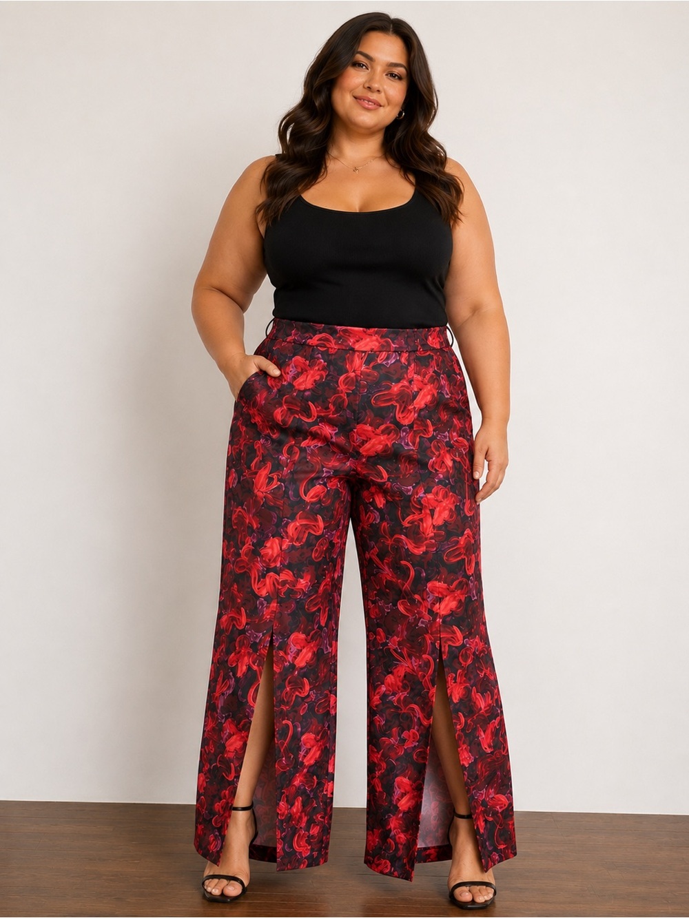 Eloquii Floral Split Hem Pants Plus Size 18 Red Black Wide Leg Statement